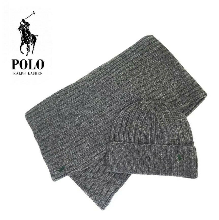 POLO RALPH LAUREN　ニット帽&ストールセット　PC0190-012　ポロラルフローレン CLASSIC RIB GIFT SET　ワンポイント ブランドロゴ　 グレー　ウール メンズ レディース ユニセックス カジュアル 　イタリア製　並行輸入品　通勤　通学　プレゼント　防寒アイテム