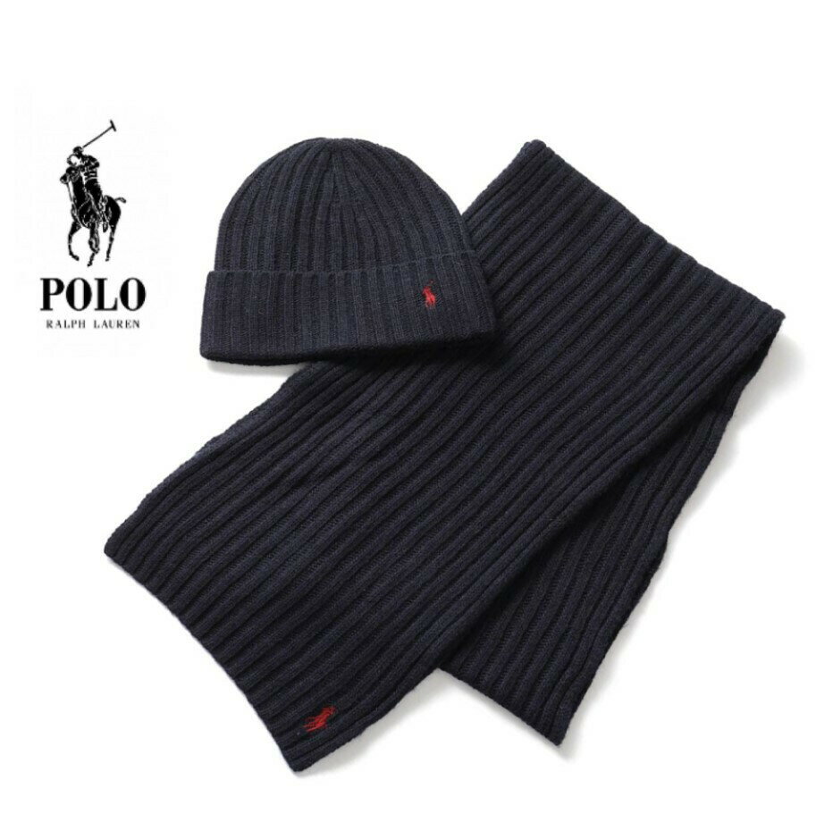 POLO RALPH LAUREN　ニット帽&ストールセット　PC0190-433　ポロラルフローレン CLASSIC RIB GIFT SET　ワンポイント ブランドロゴ　 ネイビー　ウール メンズ レディース ユニセックス カジュアル 　イタリア製　並行輸入品　通勤　通学　プレゼント　防寒アイテム