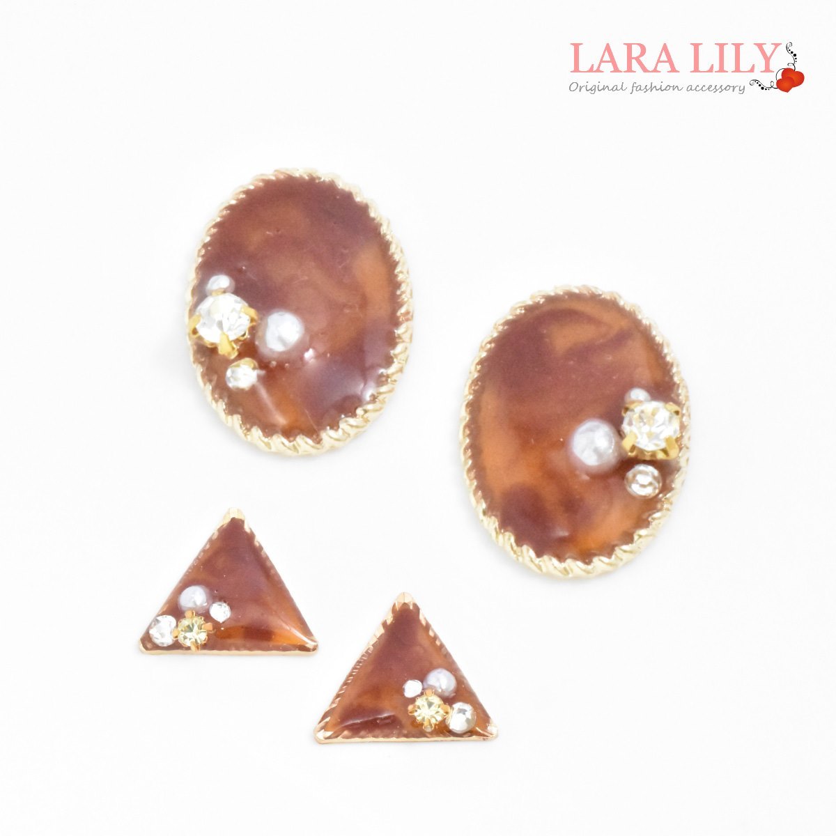 チタンピアス べっ甲風 パール ビジュー オーバル トライアングル ピアス かわいい おしゃれ レディース 秋 冬 金属アレルギー対応 ポストピアス amm