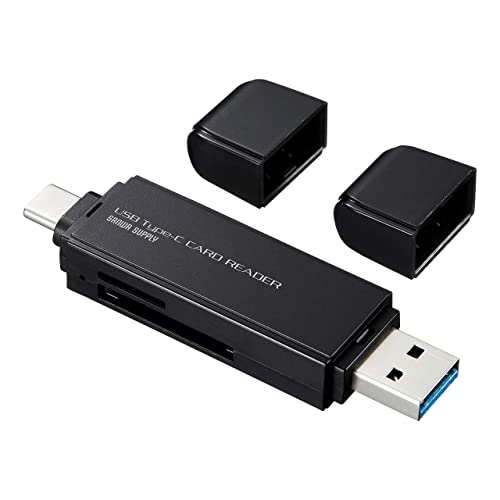 ・ブラック ADR-3TCMS6BK・USB Type-CコネクタとUSB Aコネクタを搭載していて、パソコン以外にもType-C対応のスマートフォン・タブレットでも使用できます。・キャップ2個付きで両側のコネクタをホコリなどから守ります。・最新規格USB Type-Cコネクタ採用のカードリーダーです。・USB 3.1 /3.0(5Gbps)(理論値)の転送速度に対応しています。・USB Type-Cコネクタは、表裏どちらでも挿入できる便利なコネクタです。"TYPE-CとUSB Aの両方で使えるカードリーダー ●USB Type-CコネクタとUSB Aコネクタを搭載していて、パソコン以外にもType-C対応のスマートフォン・タブレットでも使用できます。 ●キャップ2個付きで両側のコネクタをホコリなどから守ります。 ●最新規格USB Type-Cコネクタ採用のカードリーダーです。 ●USB 3.1 /3.0(5Gbps)(理論値)の転送速度に対応しています。 USB3.0 Gen1(USB3.0)非搭載機ではデータ転送速度は低下する可能性があります。 ●USB Type-Cコネクタは、表裏どちらでも挿入できる便利なコネクタです。 ●SDXCメモリーカード(UHS-I・UHS-II)256GB対応です。 UHS-IIの高速転送には対応しません。 ●電源不要のバスパワータイプです。 USB 3.1 Gen1(USB3.0)機器として使用するためにはUSB 3.1 Gen1(USB3.0)対応のホストアダプタかUSB Type-C対応ポートを搭載した機器でなくてはなりません。 USB3.1 Gen2には対応していません。 USB3.1Gen1はUSB IF(USB Implementers Forum)によりUSB3.0が名称変更されたもので同じ規格です。 インターフェース:USB Ver.3.1 Gen1準拠(USB Ver.3.0/2.0上位互換) スロット: SDメモリーカードスロット×1 microSDカードスロット×1 サイズ:W80×D20×H11.2mm 重量:約12 消費電流: 動作時/200mA(MAX) スタンバイ時/40mA(MAX) 環境条件(結露なきこと): 動作時 温度・湿度/0℃~40℃、0%~80% 保管時 温度・湿度/0℃~45℃、0%~90%