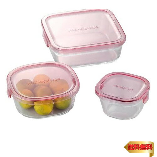 iwaki(イワキ) 耐熱ガラス 保存容器 ピンク 角型 3個セット パック&レンジ PS-PRN-3P1