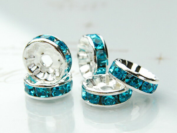 【アクセサリーパーツ】平型　銀ロンデル（アクアブルー） (100粒入り) （6mm）ハンドメイド パーツ Kz8-6