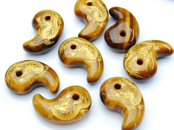 【1粒売り】勾玉 バラ売り ビーズ 天然石 パワーストーン 【金】彫青龍　タイガーアイ　30x20mm [R1015]