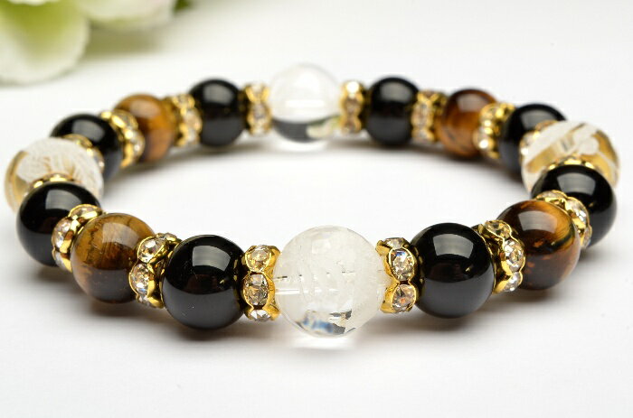 天然石 パワーストーン ブレスレット四神 開運祈願グッズ タイガーアイ オニキス 水晶素彫 メンズ 当店オリジナル A557