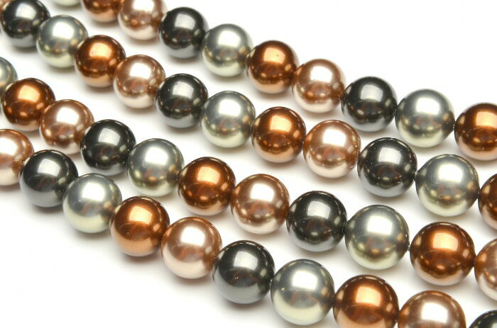 【連売り】貝パール ミックス モスグリーン&ブラウン Eタイプ　12mm　1連（約35cm）天然石 パワーストーン ビーズ パーツ _R5189-12