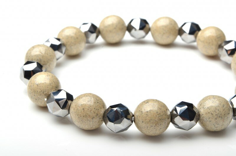 【20%OFF!】北投石xテラヘルツ ラウンドxスターカット大小組み合わせ 10x6mm 天然石 パワーストーン ブレスレット アクセサリー _B401-10