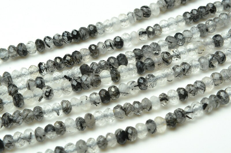 ブラックルチルクォーツ　3x4mm　ボタンカット　1連（約38cm）天然石 パワーストーン ビーズ パーツ _R..