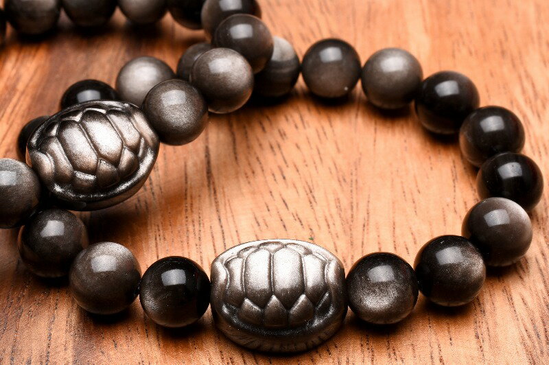 銀の輝き！ シルバーオブシディアン 18-19x16-17mm 丸玉12mm 甲羅 天然石 パワーストーン ブレスレット アクセサリー _B979