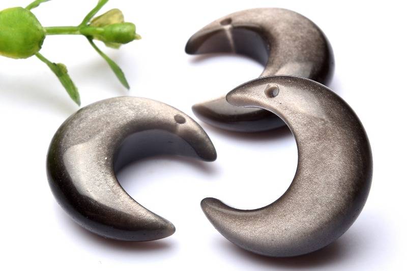 シルバーオブシディアン　26x23mm　三日月 (トップ穴) 天然石 パワーストーン ルース ハンドメイド 1個売り _PRG1722