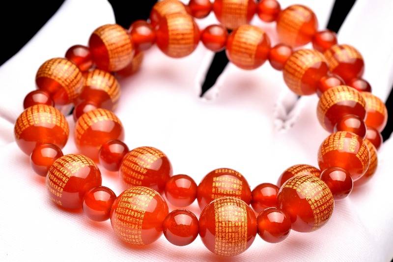 お守りに！ カーネリアン　10(丸玉6)mm　般若心経彫刻 ブレスレット アクセサリー 1個売り _BG5638-10