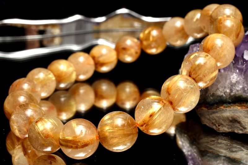 【1点物】高品質◇迫力金針 ゴールドタイチンルチルクォーツ　9mm ブレスレット アクセサリー _MA9453