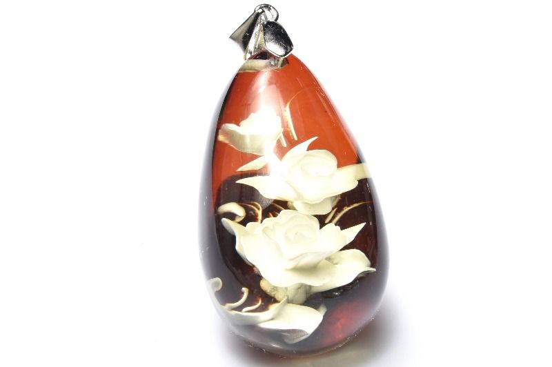 【1点物】Silver925◇繊細彫刻 ブルーアンバー琥珀 30x19mm 花内彫り ドロップ ペンダントトップ アクセサリー _PC6210