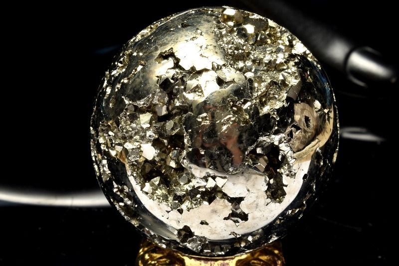  1点物 煌めき真鍮色 パイライト 50mm 丸玉(台座付き) スフィア _CG68...