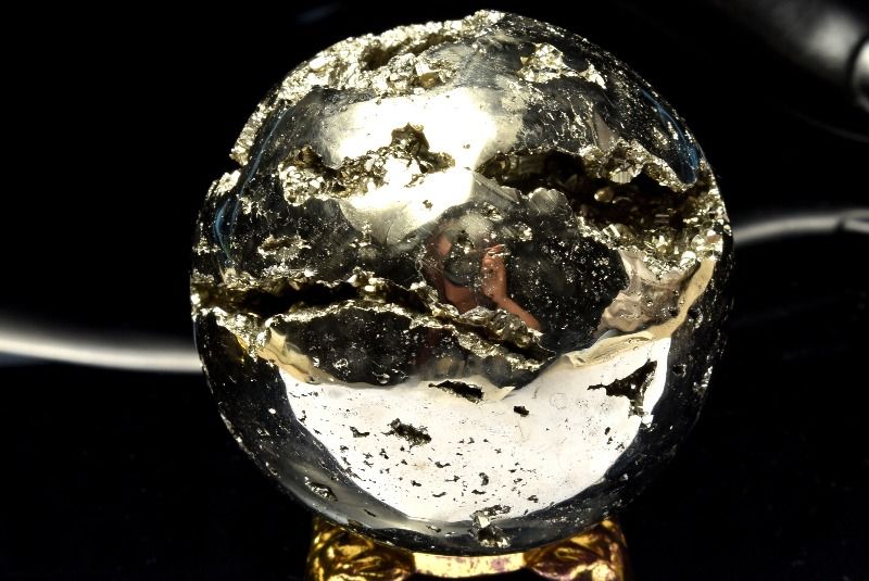  1点物 煌めき真鍮色 パイライト 50mm 丸玉(台座付き) スフィア _CG68...