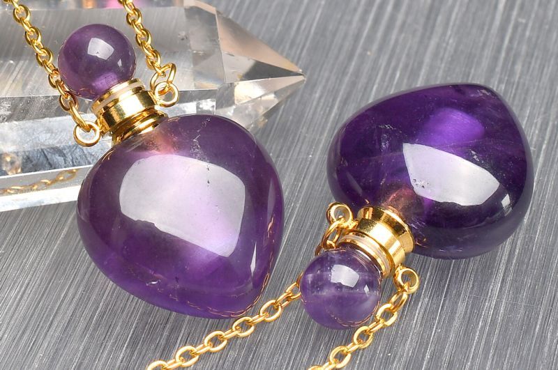 【10％OFF!】人気！ アメジスト　35x22.5mm　香水瓶 ハート ペンダント ネックレス 1個売り _PR3457-3