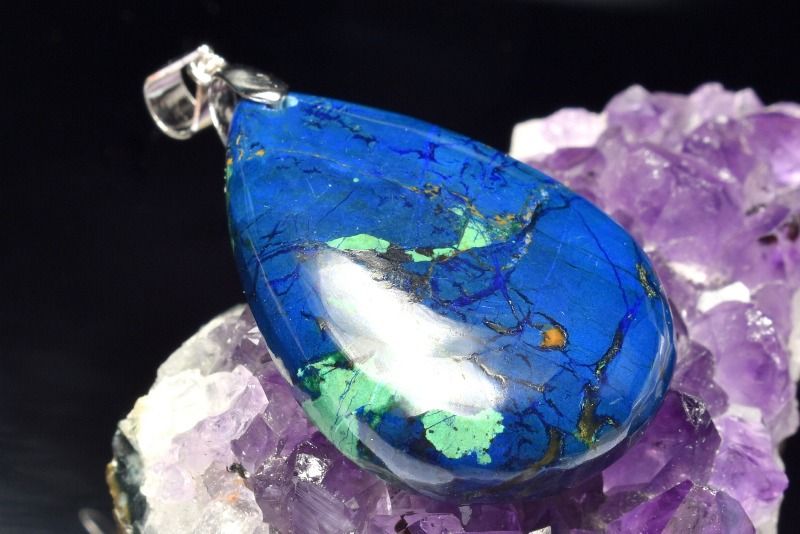 【1点物】Silver925◇高発色 アズライト(藍銅鉱)　31x22mm　ドロップ ペンダントトップ アクセサリー _P..