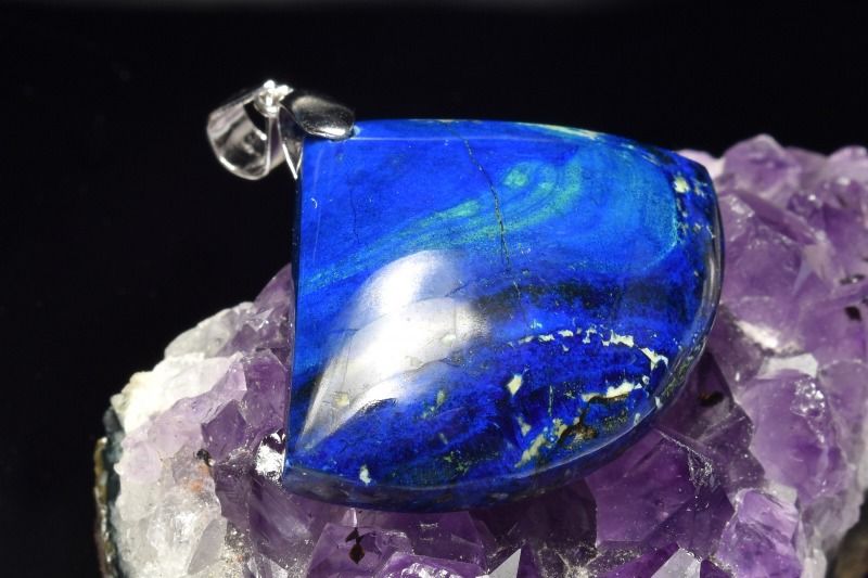 【1点物】Silver925◇高発色 アズライト(藍銅鉱)　25x31mm　扇形 ペンダントトップ アクセサリー _PC8999