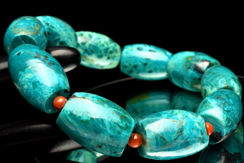 【1点物】美しいコントラスト クリソコラ(珪孔雀石)　18-21x13-15(丸玉3.5)mm　チューブ 南紅瑪瑙(丸玉) ブレスレット _MC4393