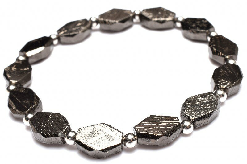 【1点物】宇宙からの贈り物 メテオライト(アルタイ隕石) 10.5x8(丸玉3.5)mm ブラックコーティング ひし形 ブレスレット _MC4676