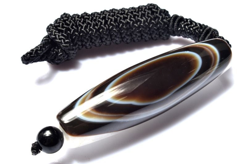  1点物 チベット産 黒天眼石と水晶共生 63x18(丸玉8)mm 天珠手編み ペ...