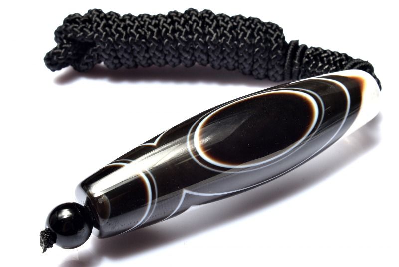  1点物 チベット産 黒天眼石と水晶共生 65x17(丸玉8)mm 天珠手編み ペ...