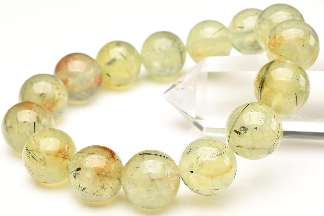 【20％OFF!】【1点物】エピドート・ライモナイト共生 プレナイト　14mm ブレスレット アクセサリー _U9036
