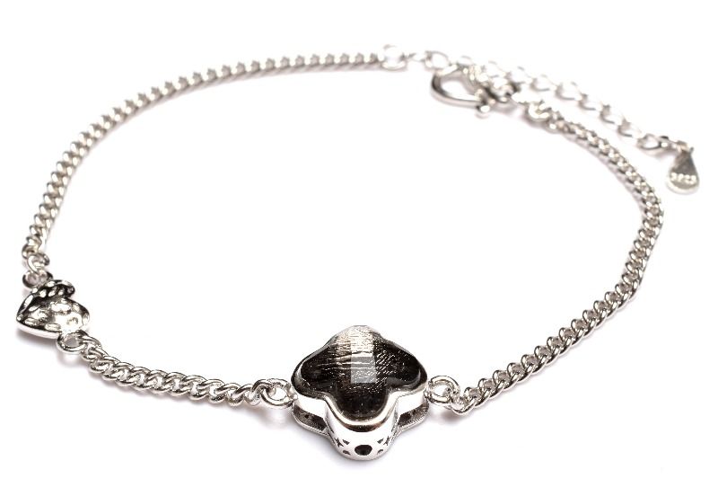 【20％OFF!】【1点物】Silver925 アルタイ隕石(メテオライト)　10x10mm　ブラックコーティング　クローバー ブレスレット アクセサリー _MC6683