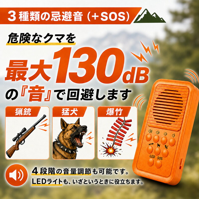 Lateru Selectの熊よけブザー 熊よけグッズ 130dB 大音量 SOSアラーム 防犯ブザー LEDライト USB Type-C充電式 熊対策 熊除け 携帯用 軽量 コンパクト 登山 山登り ハイキング トレッキング キャンプ アウトドア 山菜採り 渓流釣り 防災 緊急用｜アングル3