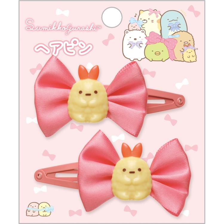 Hair Clips - すみっコぐらし ヘアピン 2個セット えびふらいのしっぽ レッド リボン付 パッチン 髪留め