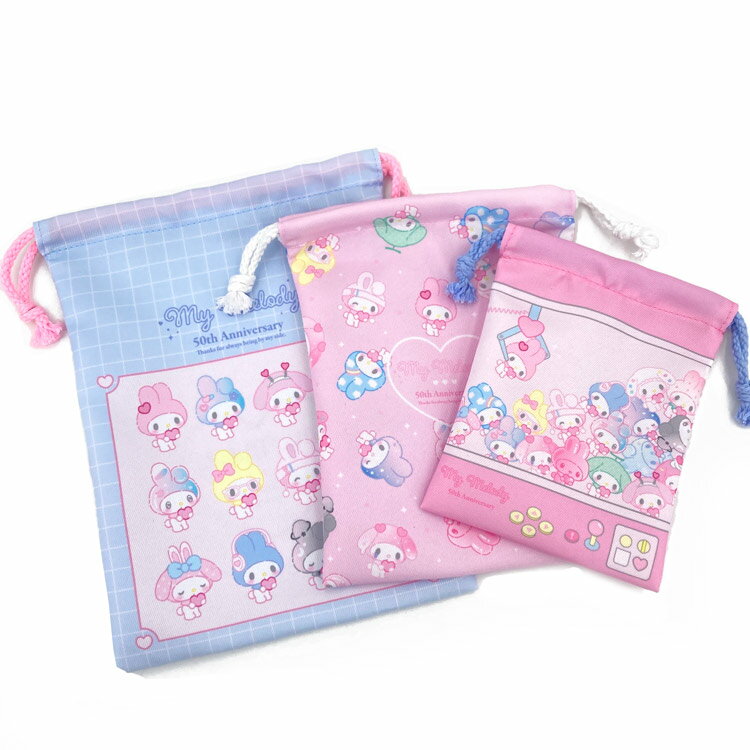 マイメロディ 3P巾着 大中小セット マイメロディ50th ガーリーポップハート 210857のサムネイル