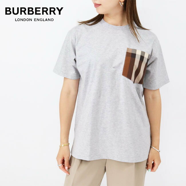 BURBERRY バーバリー レディースTシャツ 8048923 A2142 チェックポケットTシャツ コットン オーバーサイズTシャツ 半袖 クルーネック GREY グレー 半袖 カットソー