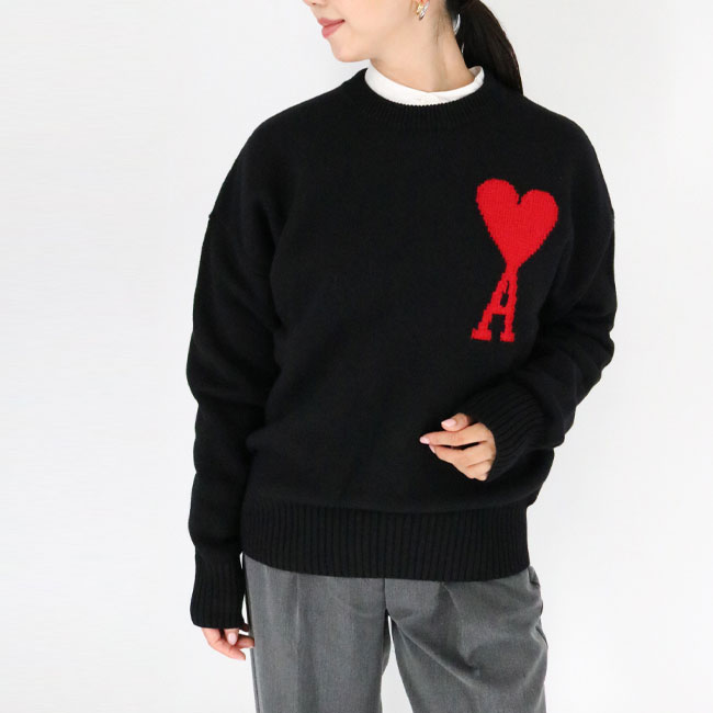 ami paris アミ パリス BFUKS002.018 009 ロゴニット　セーター レディース クルーネック ウール オーバーサイズ ハート 黒 ユニセックスのサムネイル