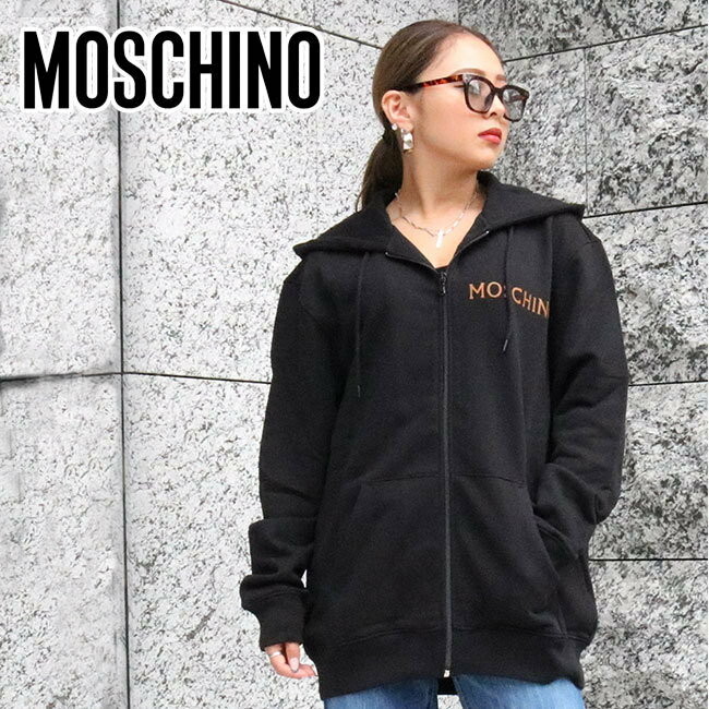 MOSCHINO モスキーノ A1716 5527 9555 レディース バックプリントパーカー BLACK ブラック 長袖 ロゴ コットン 大きいサイズ オーバーサイズ