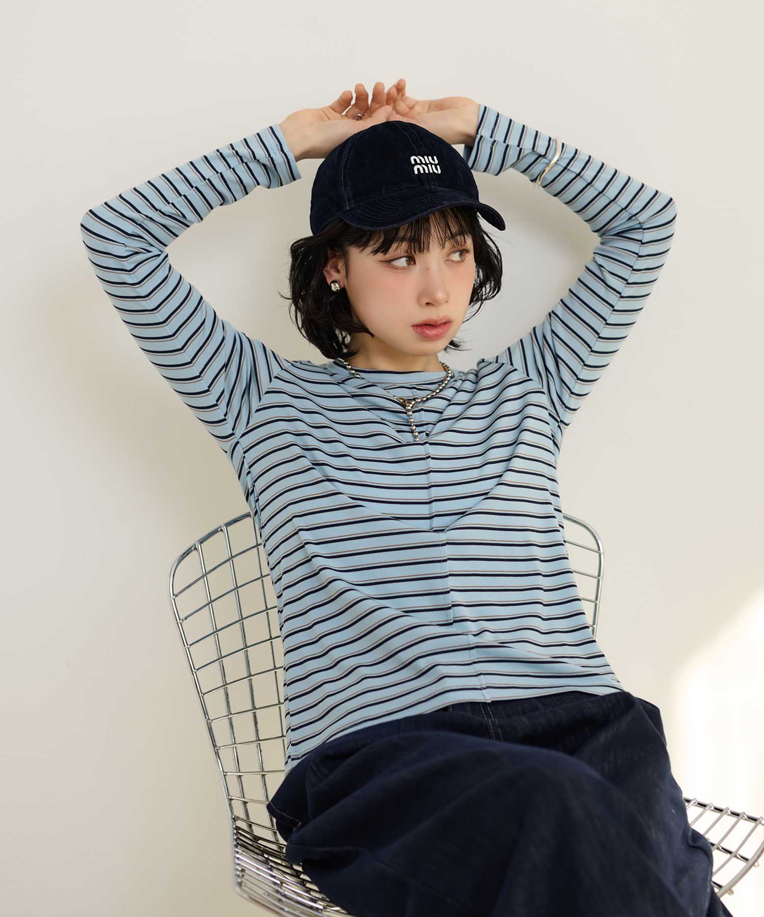 crew neck border tops /配色クルーネック長袖ボーダートップス