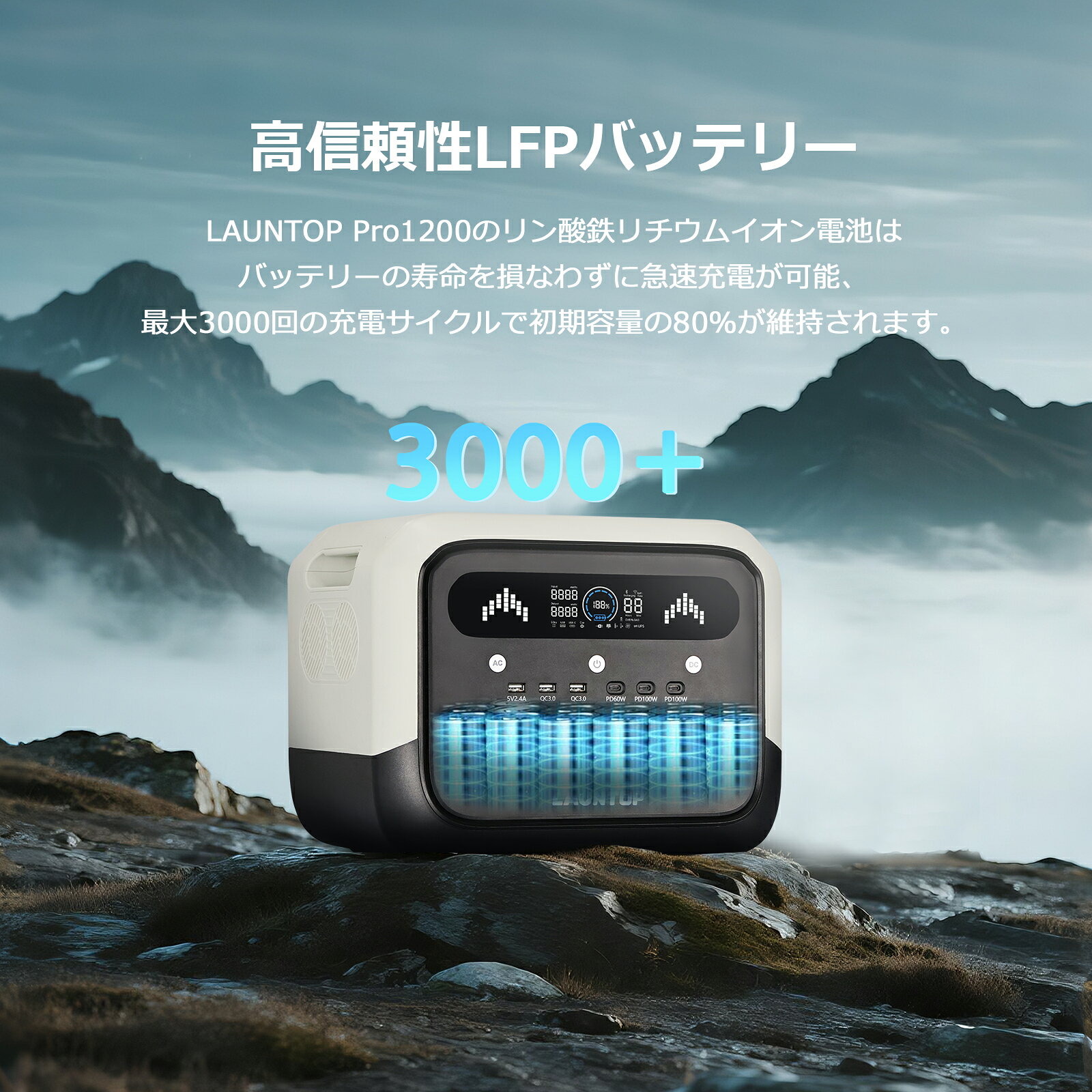 「即納」LAUNTOP 1024Wh ポータブル電源 12ポート 定額出力1200W/瞬間2400W/Power-...