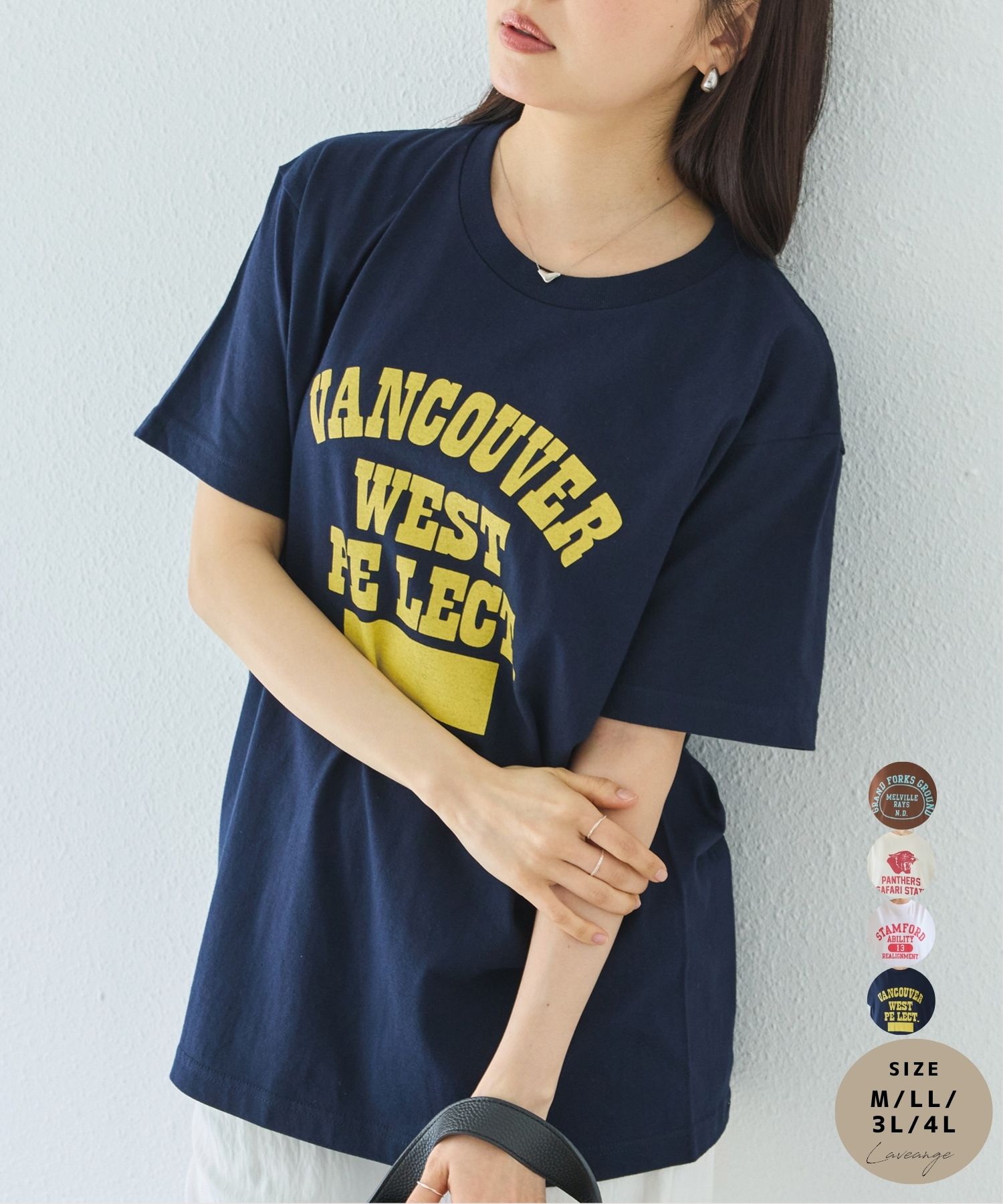 Rakuten - laveange カレッジロゴプリントTシャツ プリントTシャツ ロゴT 半袖T カットソー カジュアル レディース ゆったり 体型カバー 綿100 ビッグシルエット 5769038
