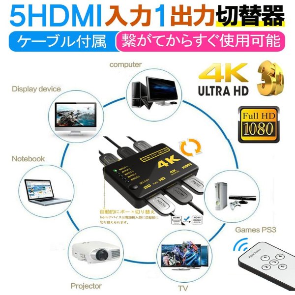 HDMI切替器 分配器 5入力1出力 HDMI セレクター 1080p対応 3D映像 フルHD対応 リモコン付き HDTV Blu-Ray Xbox PS3 PS4 AppleTVなど 送料無料