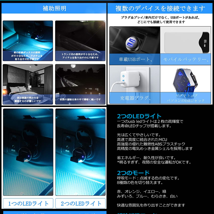 [スーパーセール] 【送料無料】 車用コンソール USB-LEDライト イルミライト LED ライト USB ライト 車用 コンソール 車内 USB雰囲気ランプ 車内照明 室内夜間 高輝度 軽量 小型 コンパクト カラー切り替え 明るさ調整 光センサー RGB色循環 耐久性