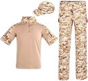 サバゲー 迷彩服 Tシャツ＋コンバットパンツ＋タクティカルキャップ 3点セット 戦闘服 上下セット メンズ アウトドア 半袖 ズボン 帽子 サバイバルゲーム BDU ミリタリー マルチカム スポーツ服 日焼け防止 帽子 迷彩柄 男女兼用 コンバット 砂漠 デジタル XL...