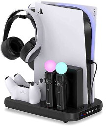 PSVR PS5 縦置きスタンド PS5 多機能 充電 スタンド コントローラー充電器 PS Moveコントローラ*2 充電＋PS5コントローラー*2充電 4台同時に充電可能 充電ステーション PS5本体 VRコネクタ VRヘッドセットヘッドホン収納 本体冷却ファン付きPS5 UHDとPS5 DE版...