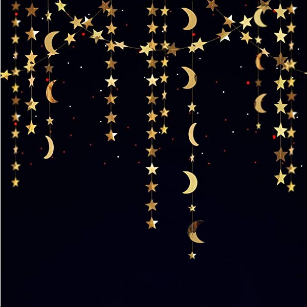 4本 ペーパーガーランド 月 星形 飾り 写真小物 キラキラ輝く パーティー イベント 店舗 装飾 4メートル 本 ゴールド 送料無料