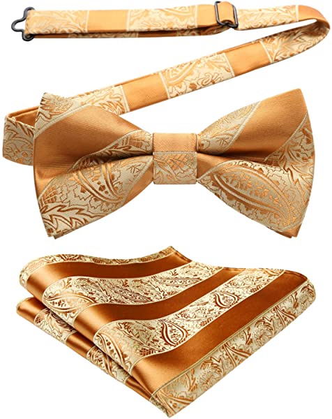 ゴールド 蝶ネクタイ メンズ ワンタッチ 蝶ネクタイ チーフ セット 絹シルク ボウタイ 結婚式 ペイズリー 柄 クリップ式 簡単着脱 礼服 プレゼント 送料無...