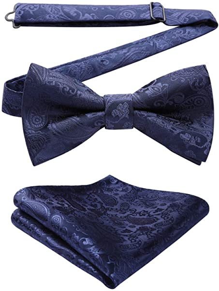 ブルー 蝶ネクタイ メンズ ワンタッチ 蝶ネクタイ チーフ セット 絹シルク ボウタイ ペイズリー 柄 結婚式 クリップ式 簡単着脱 礼服 プレゼント 送料無料