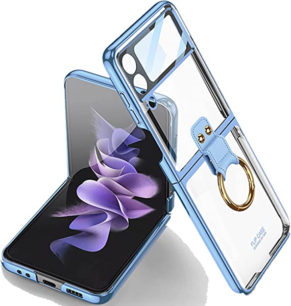 Galaxy Z Flip4 ケース リング付き クリア スリムケース ハードケース 全面保護 傷防止 落下防止 黄ばみ防止 折りたたみ式 スマホケース 放熱性 耐衝撃 青い 送料無料