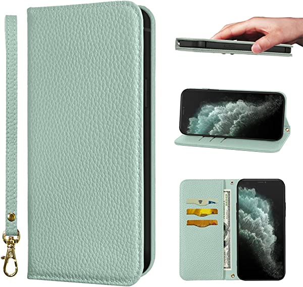 iPhone 11 ケース 手帳型 手帳型 耐衝撃 保護 カバー 内蔵マグネット 財布型 スマホカバー カードポケット スタンド機能 リストバンド - ライトグリーン 送料無料