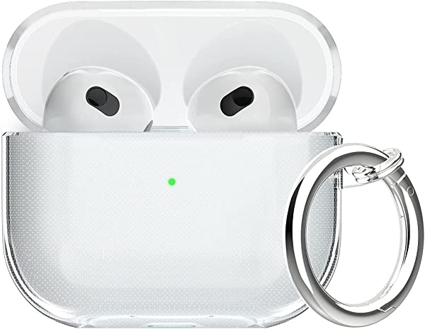 Airpods 3 ケースクリア、Airpods第3世代ケースカバー用の耐衝撃クリアケース、Airpods 3用の全面保護防塵ソフト透明TPUケースカラビナキーホルダー付き充電ケース、Airpods 3ケース2021、フロントLEDが見える-クリア 送料無料