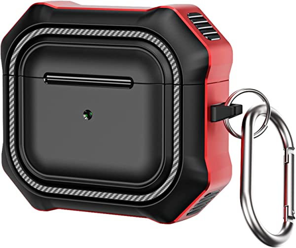 AirPods 3 ケース カバー フルボディ 頑丈な保護ケース 前面LEDが見える ワイヤレス充電対応 耐衝撃 保護 防塵 カラビナ付 (黒+赤)