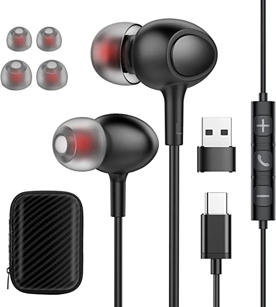 USB CイヤホンタイプC イヤホン USB A アダプタ PC対応のブラックヘッドホン, HiFi音質 DAC重低音イヤホン マイク付き 有線ヘッドホン在宅勤務/会議/Androidスマートフォン など対応のサムネイル