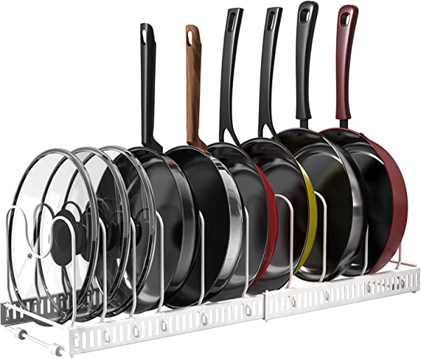 フライパンスタンド 伸縮式 10仕切り 鍋蓋 鍋 フライパンラック キッチン多機能 蓋収納 ラック フック4個付き ホワイト