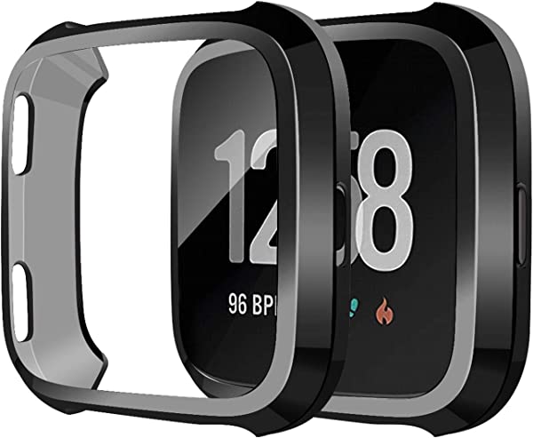 Fitbit Versa 2 ケース 全面保護 耐衝撃 柔らかい メッキ 脱着簡単 TPU ウオッチ 保護ケース 超薄型 カバー フィットビット Versa2 バンパー (ブラック) 送料無料